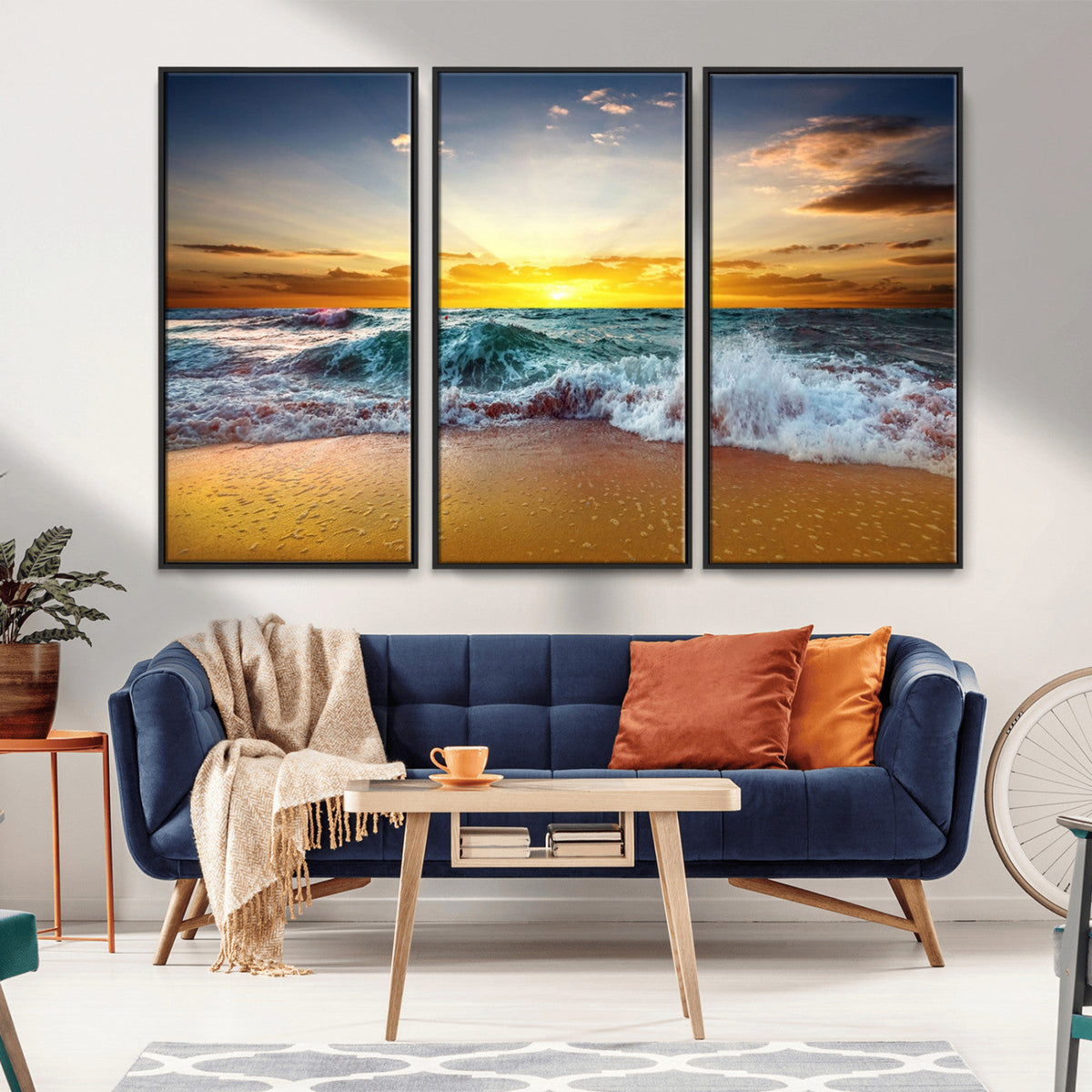 Golden Sunset Ocean Waves Wall Art Canvas Print | Multi Panel Beach Canvas Set, Coastal Triptych