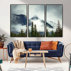 Mountain Mist Canvas Wall Art Print | 3-Panel Foggy Forest and Mountain Landscape