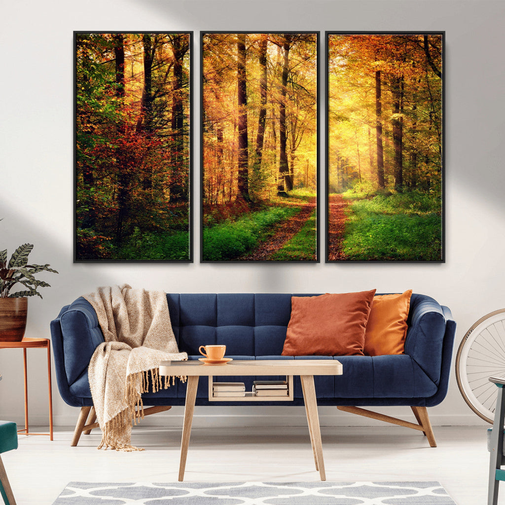 Sunlight Through Trees Wall Art Canvas Print | Autumn Forest Wall Art