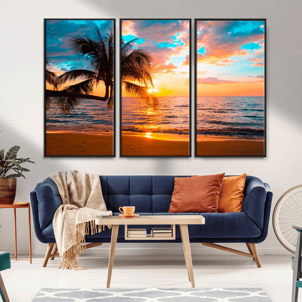 Palm Tree Sunset On The Beach Wall Art Canvas, Framed Palm Tree Sunset Canvas Print
