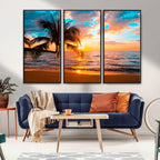 Palm Tree Sunset On The Beach Wall Art Canvas, Framed Palm Tree Sunset Canvas Print