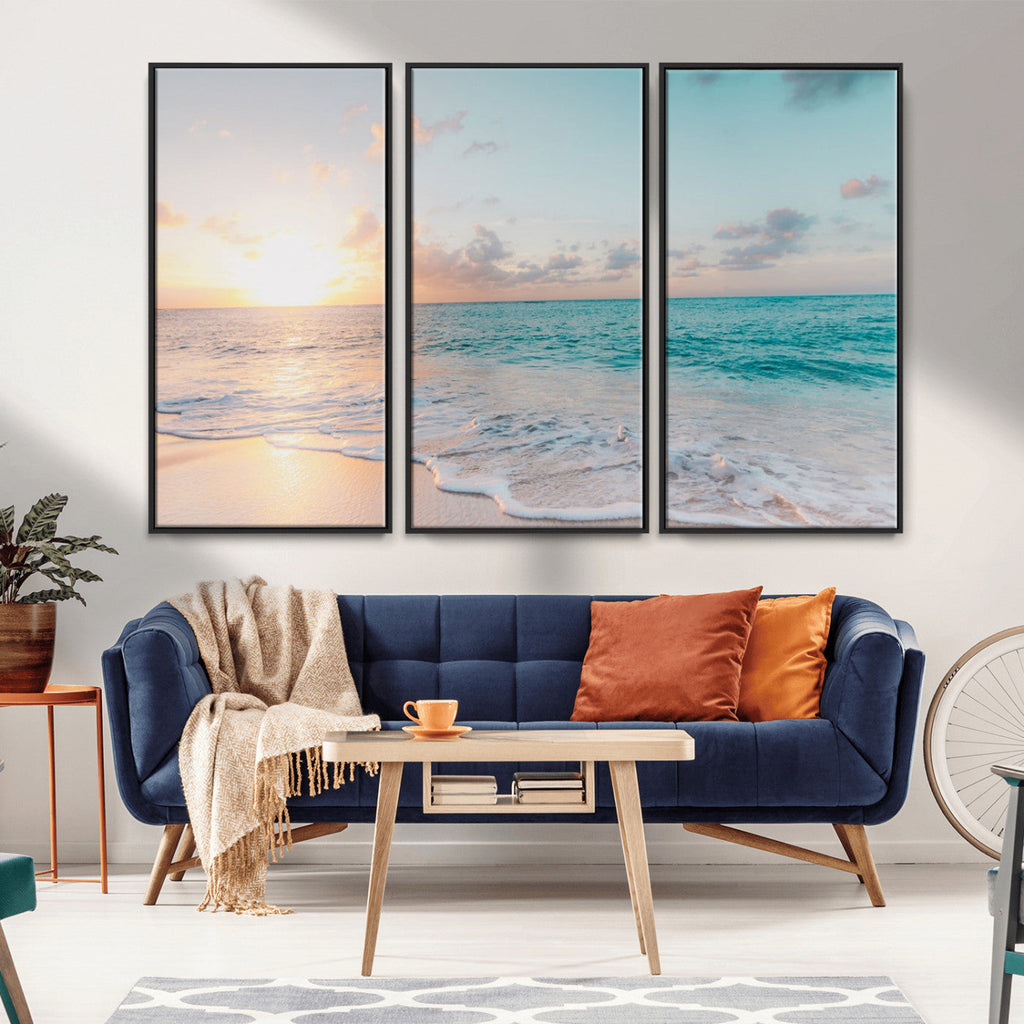 Tranquil Ocean Beach Sunset Canvas Wall Art | 3-Panel Coastal Decor