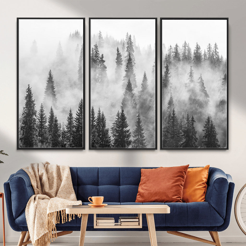 Forest Wall Art Print | Foggy Pine Forest Canvas Wall Art, Black and White Nature Decor
