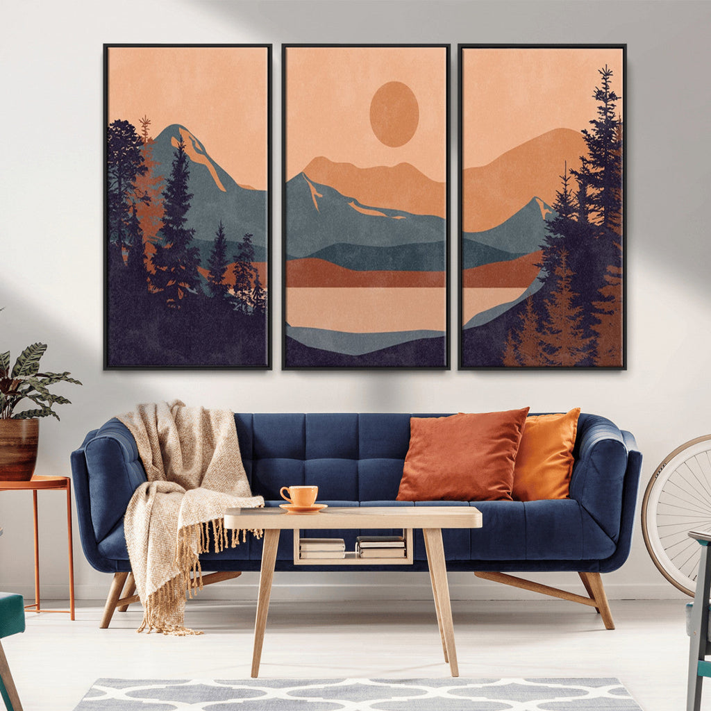 Modern Boho Sunset Canvas Print, Mountain Landscape Triptych