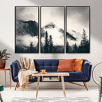 Forest Mountain Print | Black and White Canvas Wall Art with Misty Forest Design