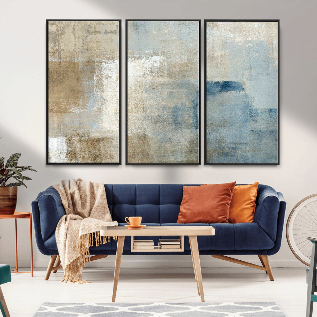 Abstract Blue and Beige Wall Art, Modern Minimalist Canvas Print Set