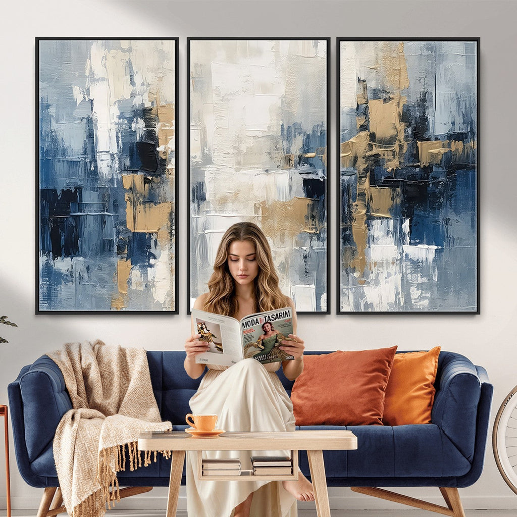 Modern Abstract Canvas Wall Art in Blue and Gold Tones | Large Contemporary Art for Living Room