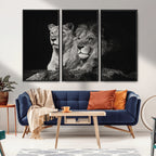 Lion Couple Wall Art Canvas Print, Elegant Black and White Wildlife Portrait