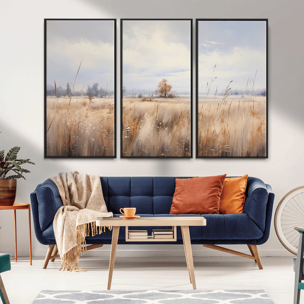 Golden Fields Wall Art Print Canvas | Serene Minimalist Landscape for Farmhouse Decor
