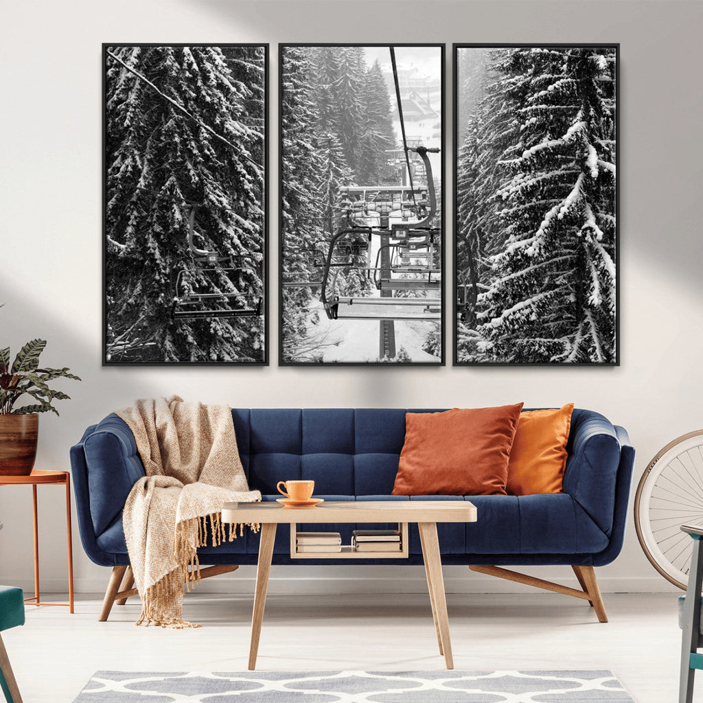 Winter Ski Lift Black and White Canvas Wall Art | Alpine Escape in Minimalist Style