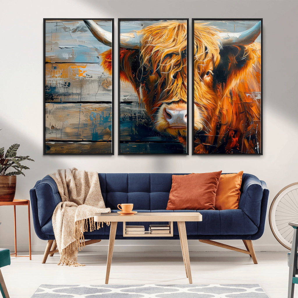 Highland Cow Abstract Canvas Wall Art, Bold Farmhouse Decor