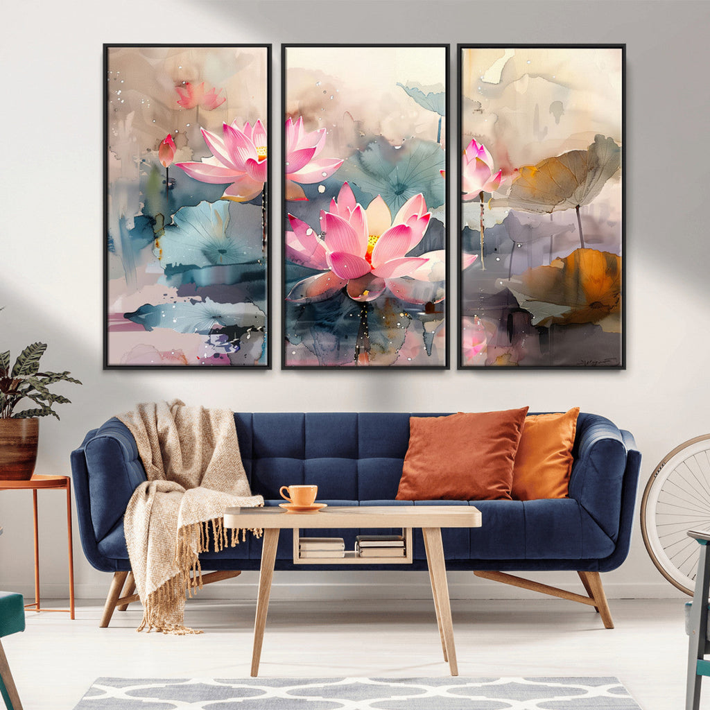 Lotus Flower Wall Art | 3 Panel Giclee Canvas Print of Pink Lotus Blossoms