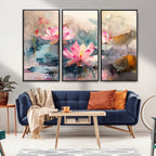 Lotus Flower Wall Art | 3 Panel Giclee Canvas Print of Pink Lotus Blossoms