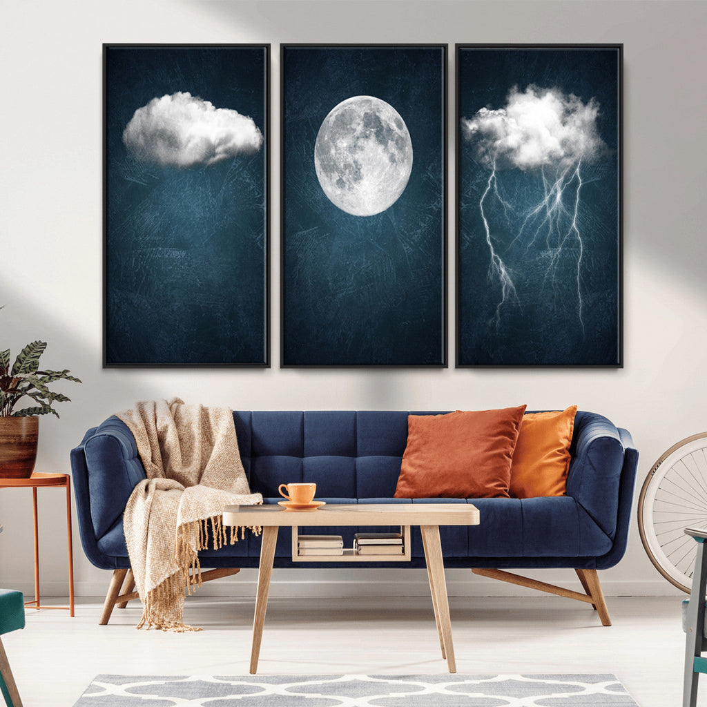 3 Piece Indigo Cloud Wall Art, Thunderstorm Moon Cloud Artwork