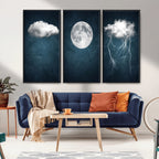 3 Piece Indigo Cloud Wall Art, Thunderstorm Moon Cloud Artwork