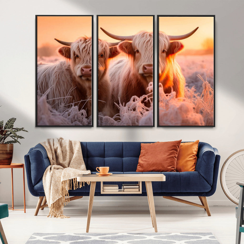 Highland Cows at Sunrise Wall Art Canvas Set