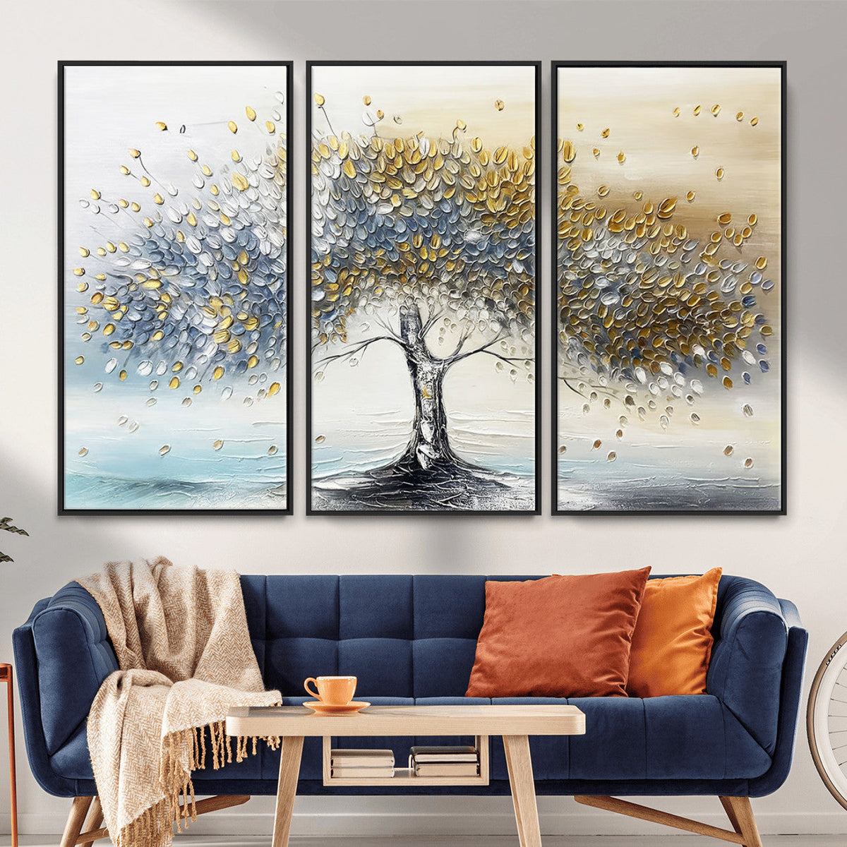 Golden and Silver Tree Wall Art | Framed Elegant Leaves Canvas