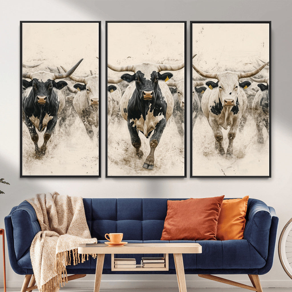 Texas Longhorn Wall Art | Framed Cattle Walking Canvas
