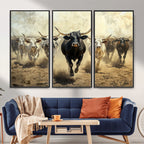 Texas Longhorn Wall Art | Framed Charging Cattle Canvas