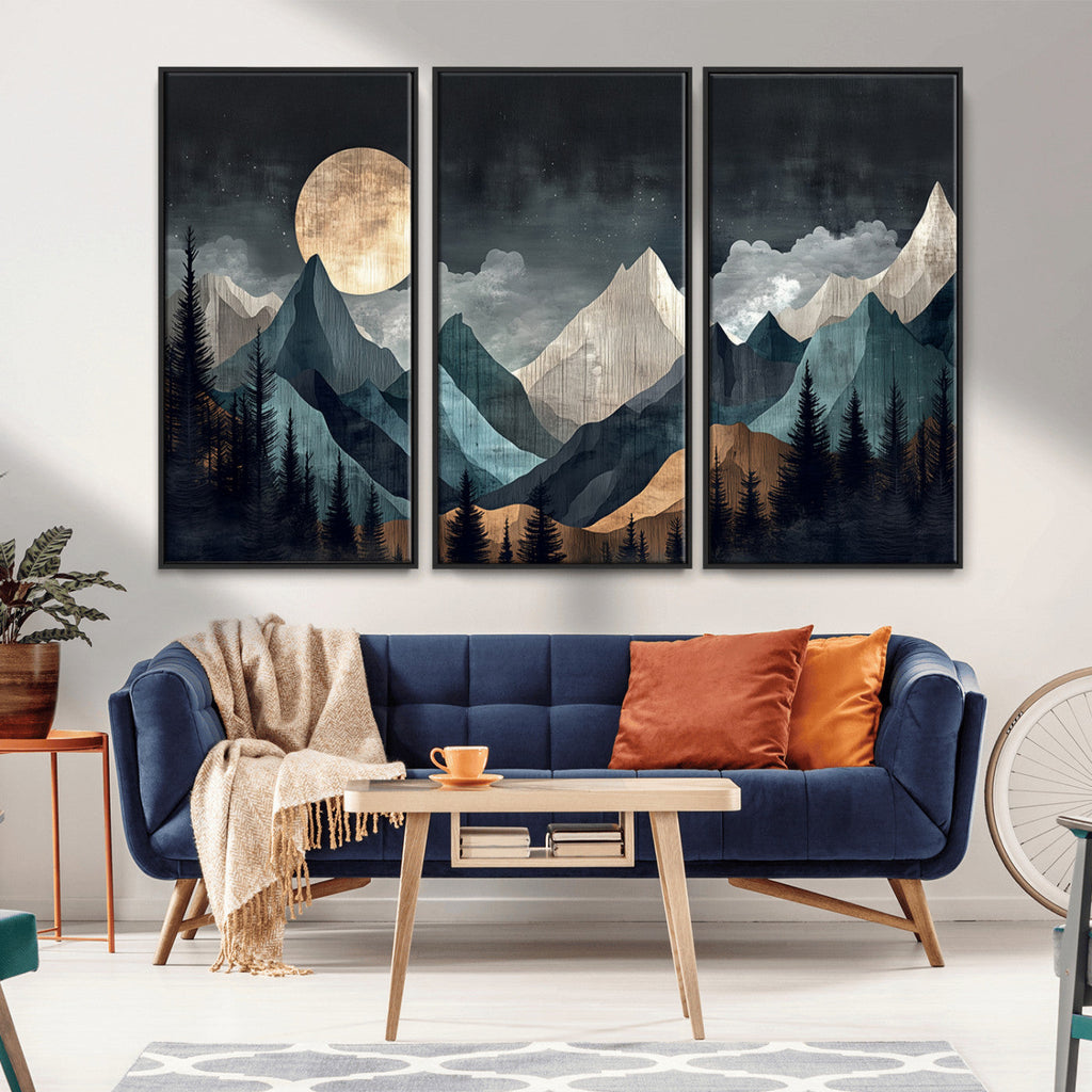 Moonlit Mountain Wall Art Canvas Print, Framed Silhouetted Pines Art, Layered Peaks Rustic Decor