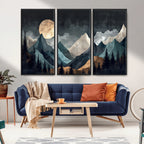 Moonlit Mountain Wall Art Canvas Print, Framed Silhouetted Pines Art, Layered Peaks Rustic Decor