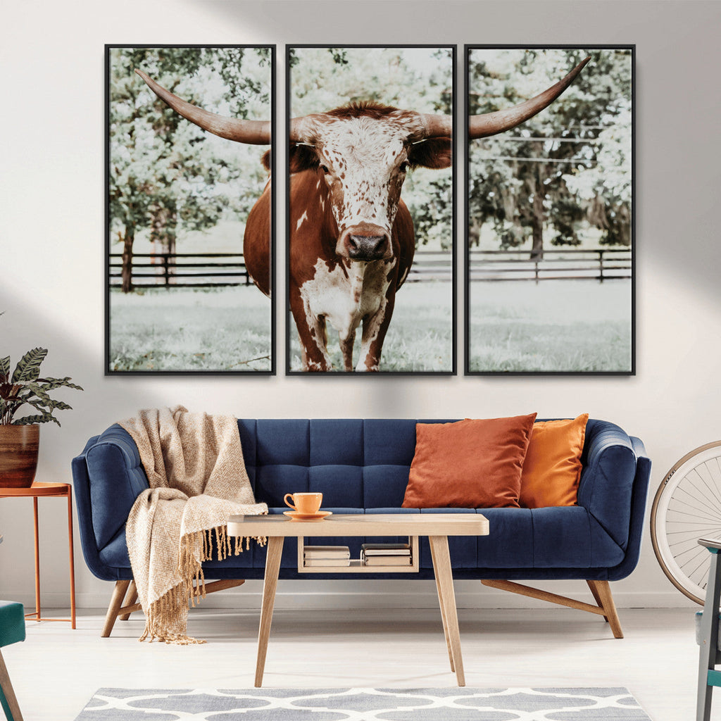 Texas Longhorn Wall Art Canvas Print | Framed Spotted Brown and White Bull