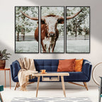 Texas Longhorn Wall Art Canvas Print | Framed Spotted Brown and White Bull