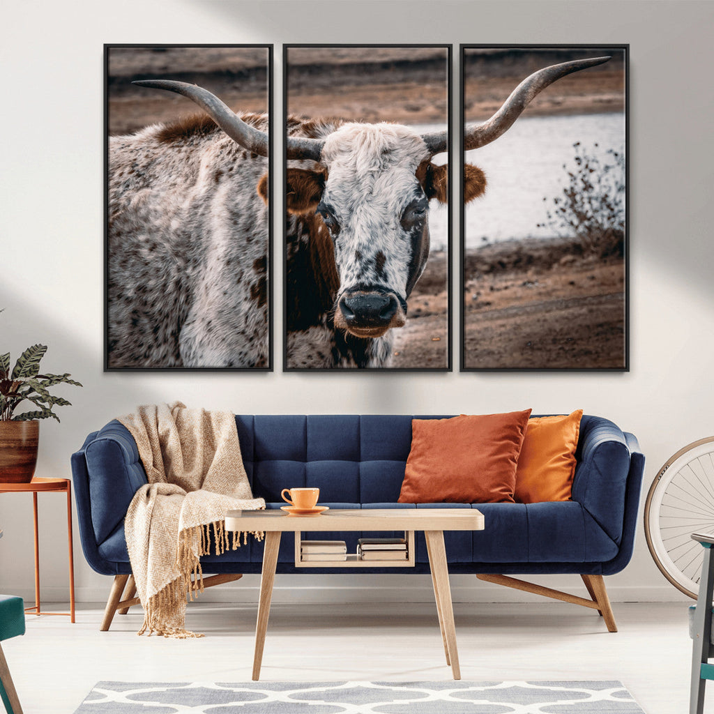 Texas Longhorn Wall Art Canvas Print | Framed Brown and White Spotted Longhorn