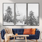 Snowy Ski Lift Wall Art | Framed Winter Forest Canvas