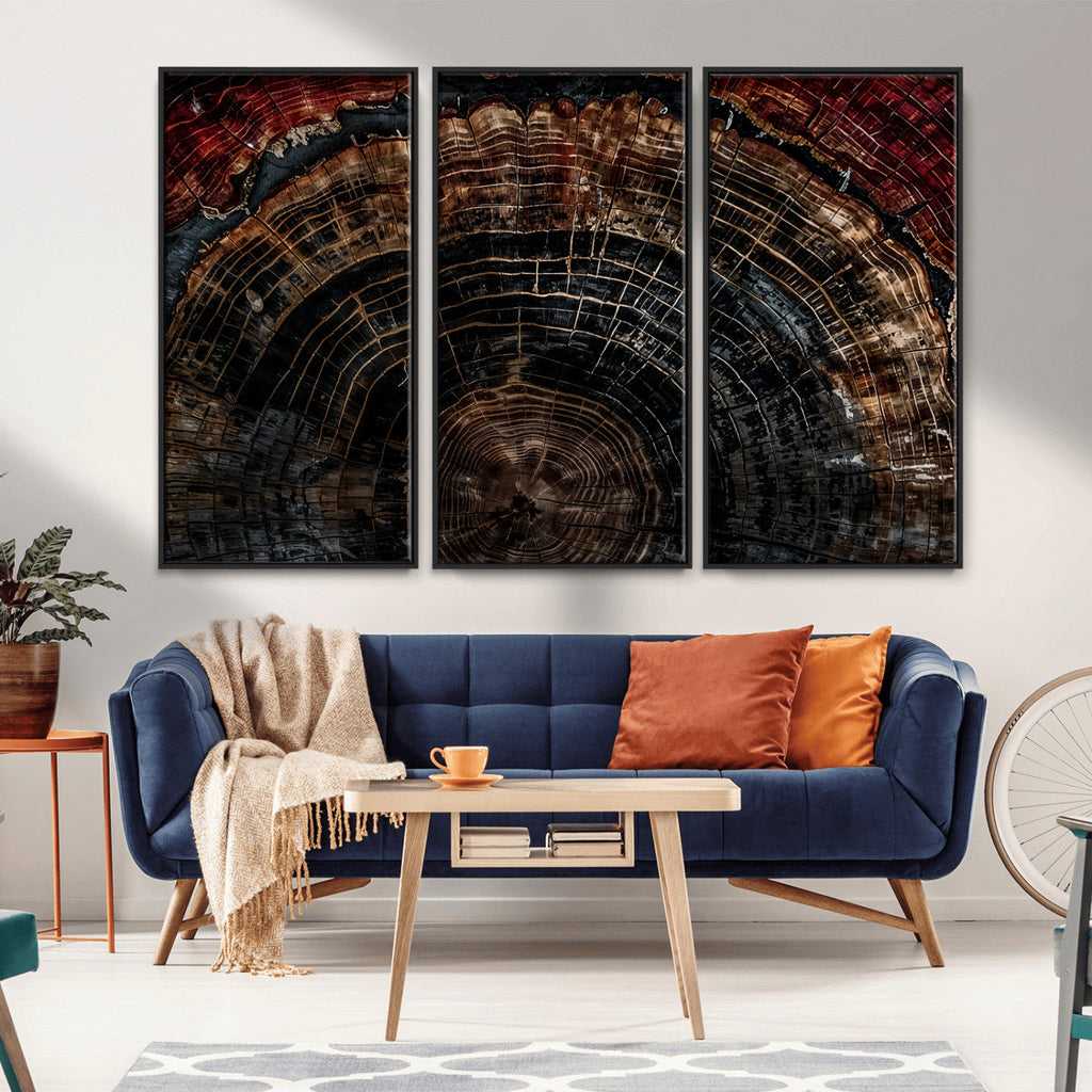 Dark Wood Ring Wall Art Canvas Print, Framed Abstract Tree Slice Print, Rustic Wood Grain Decor