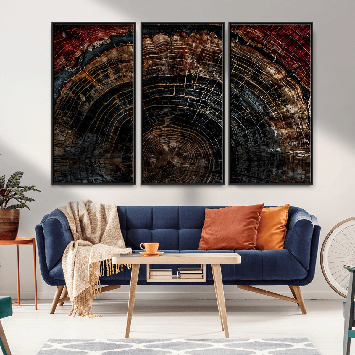 Dark Wood Ring Wall Art Canvas Print, Framed Abstract Tree Slice Print, Rustic Wood Grain Decor