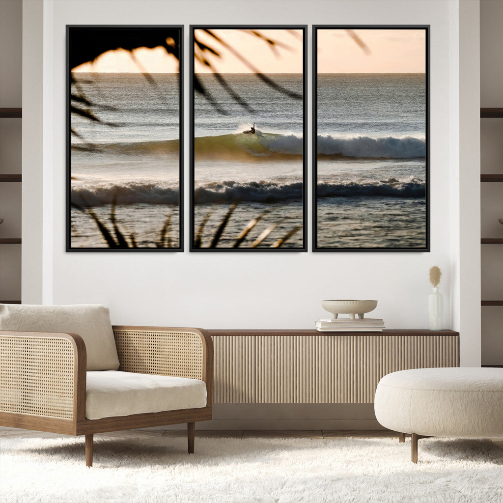 Sunset Surf Wall Art Canvas Print, Framed Golden Hour Waves Boho Beach Art
