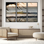 Sunset Surf Wall Art Canvas Print, Framed Golden Hour Waves Boho Beach Art