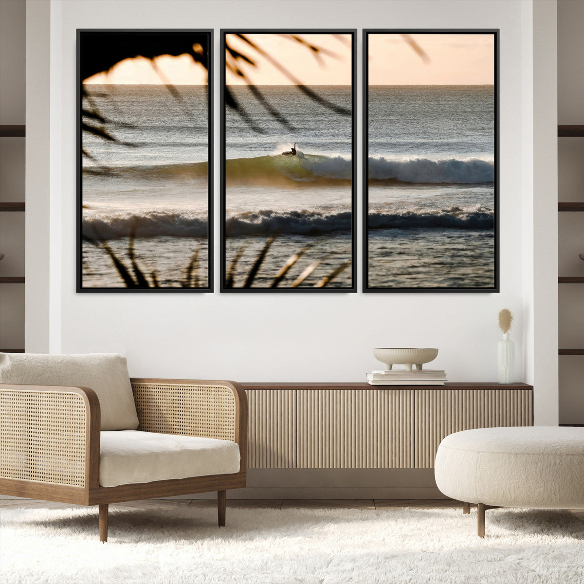 Sunset Surf Wall Art Canvas Print, Framed Golden Hour Waves Boho Beach Art