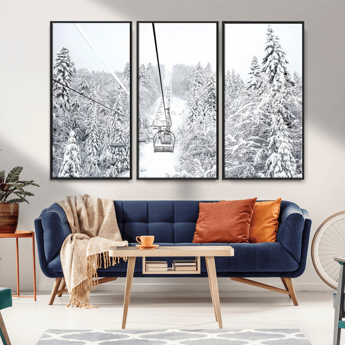 Snowy Ski Lift Wall Art | Framed Winter Mountain Canvas