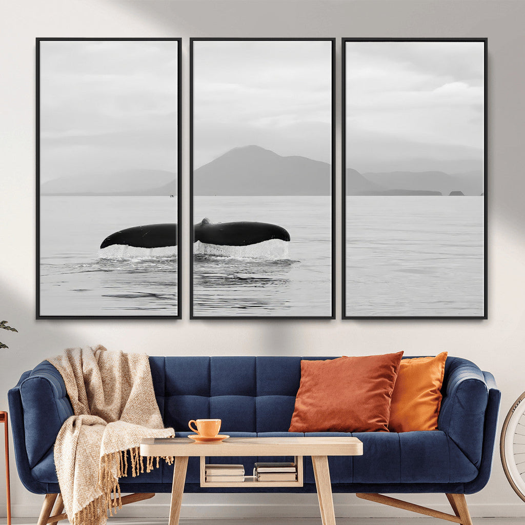 Whale Tail Wall Art | Framed Black White Ocean Canvas