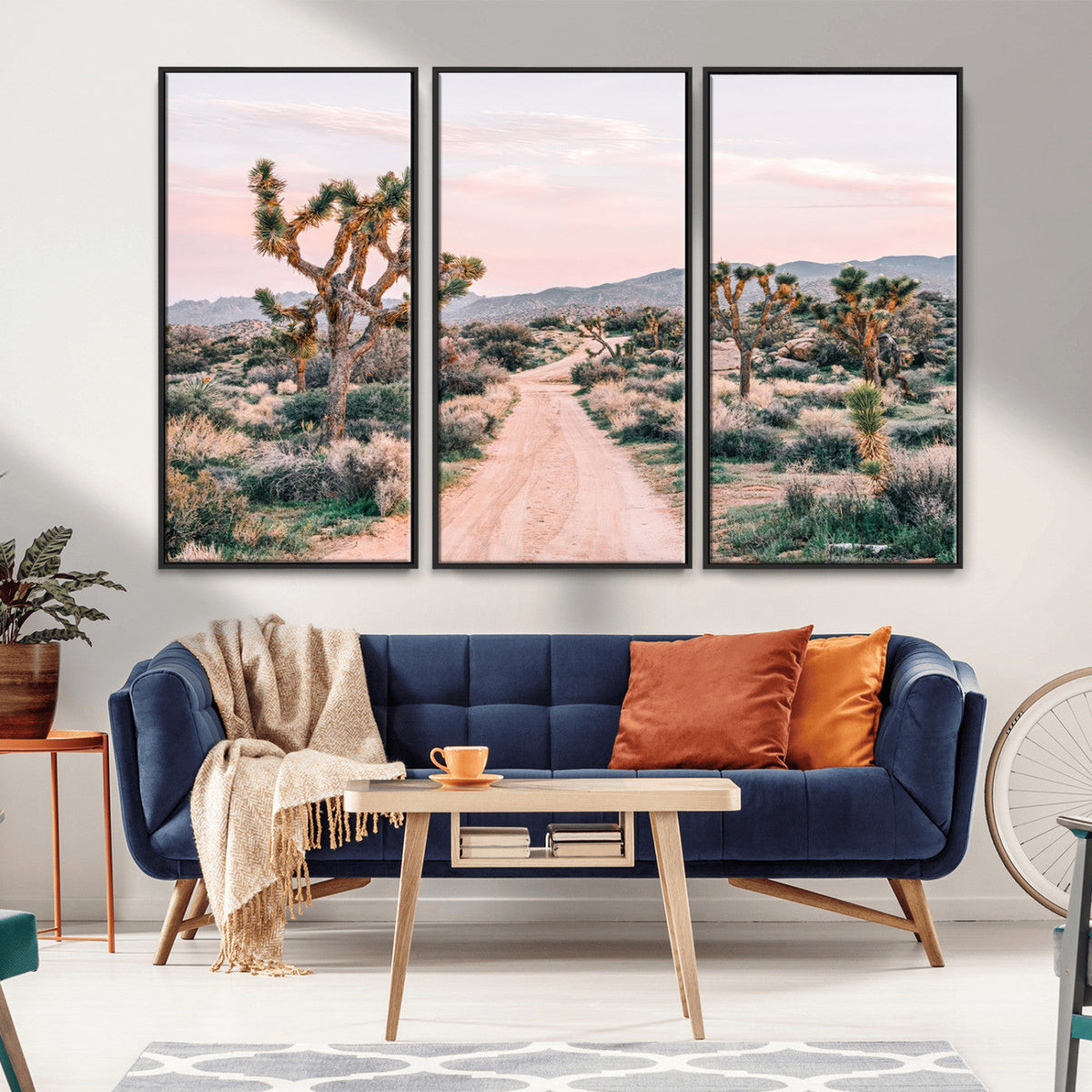 Joshua Tree Wall Art Canvas Print, Framed Desert Road Scene at Sunset