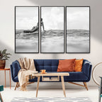 Black and White Surfing Wall Art Canvas Print, Framed Ocean Horizon Surfer Girl