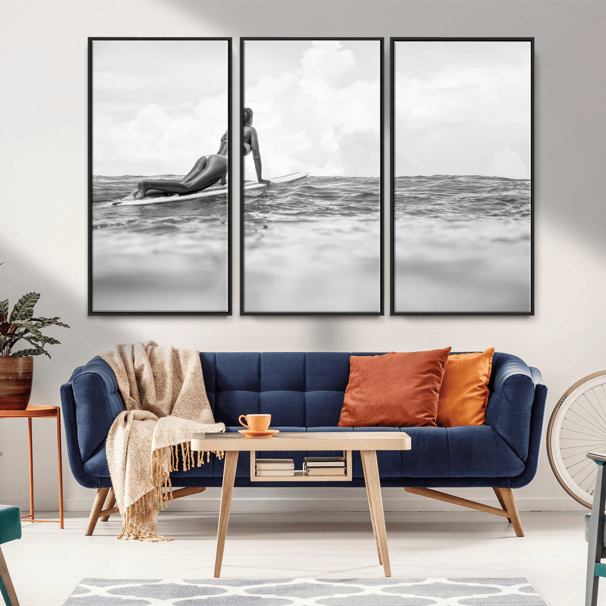 Black and White Surfing Wall Art Canvas Print, Framed Ocean Horizon Surfer Girl