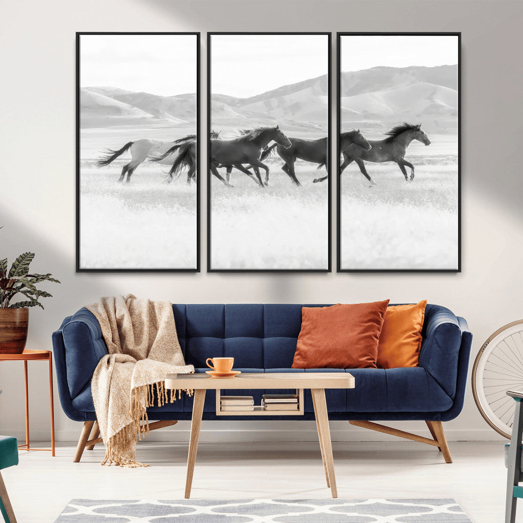 Wild Horses Running Wall Art Canvas Print, Framed Black White Mustangs Artwork