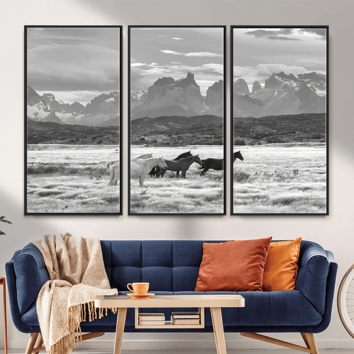 Wild Horses Wall Art | Framed Black White Mountain Canvas