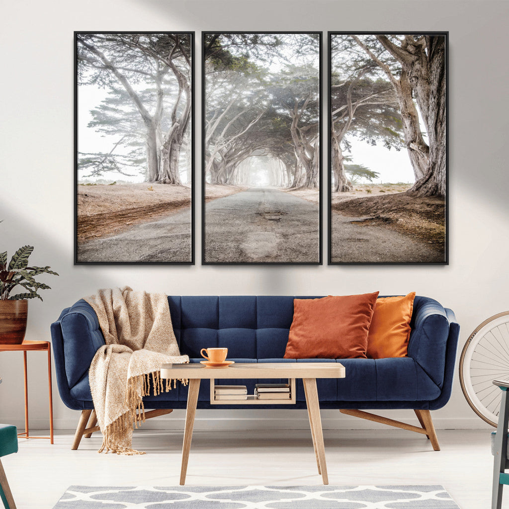 Cypress Tunnel Wall Art | Framed Misty Road Canvas Artwork