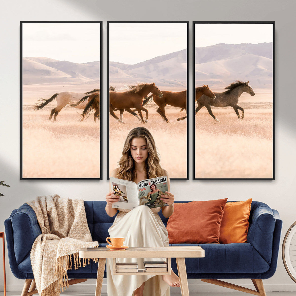 Wild Horse Wall Art Canvas Print, Framed Rustic Western Art, Desert Horse Scene