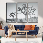 Joshua Tree Wall Art Canvas Print, Framed Black and White Desert Landscape Artwork