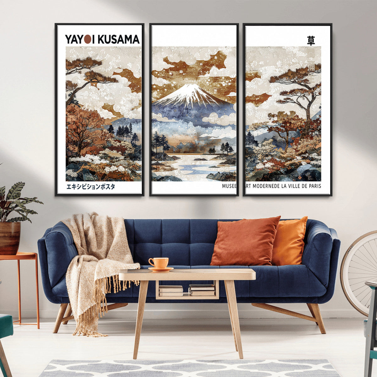 Modern Japanese Wall Art Canvas Print, Framed Abstract Mount Fuji Landscape, Yayoi Kusama Canvas Wall Art