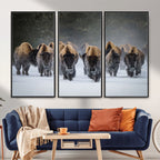 Bison Herd Wall Art Canvas Print, Framed Rustic Wildlife Decor, Snowy Bison Landscape