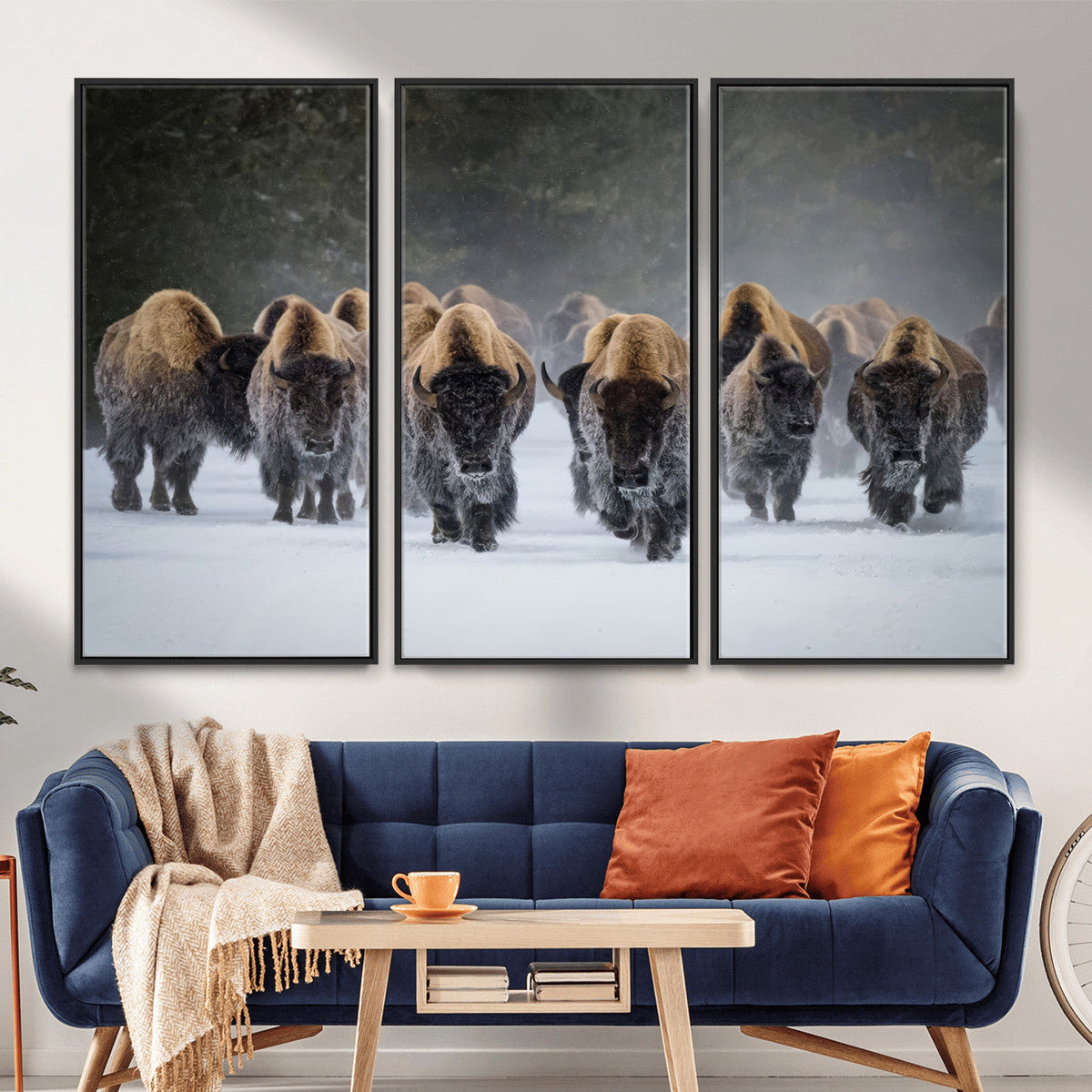 Bison Herd Wall Art Canvas Print, Framed Rustic Wildlife Decor, Snowy Bison Landscape