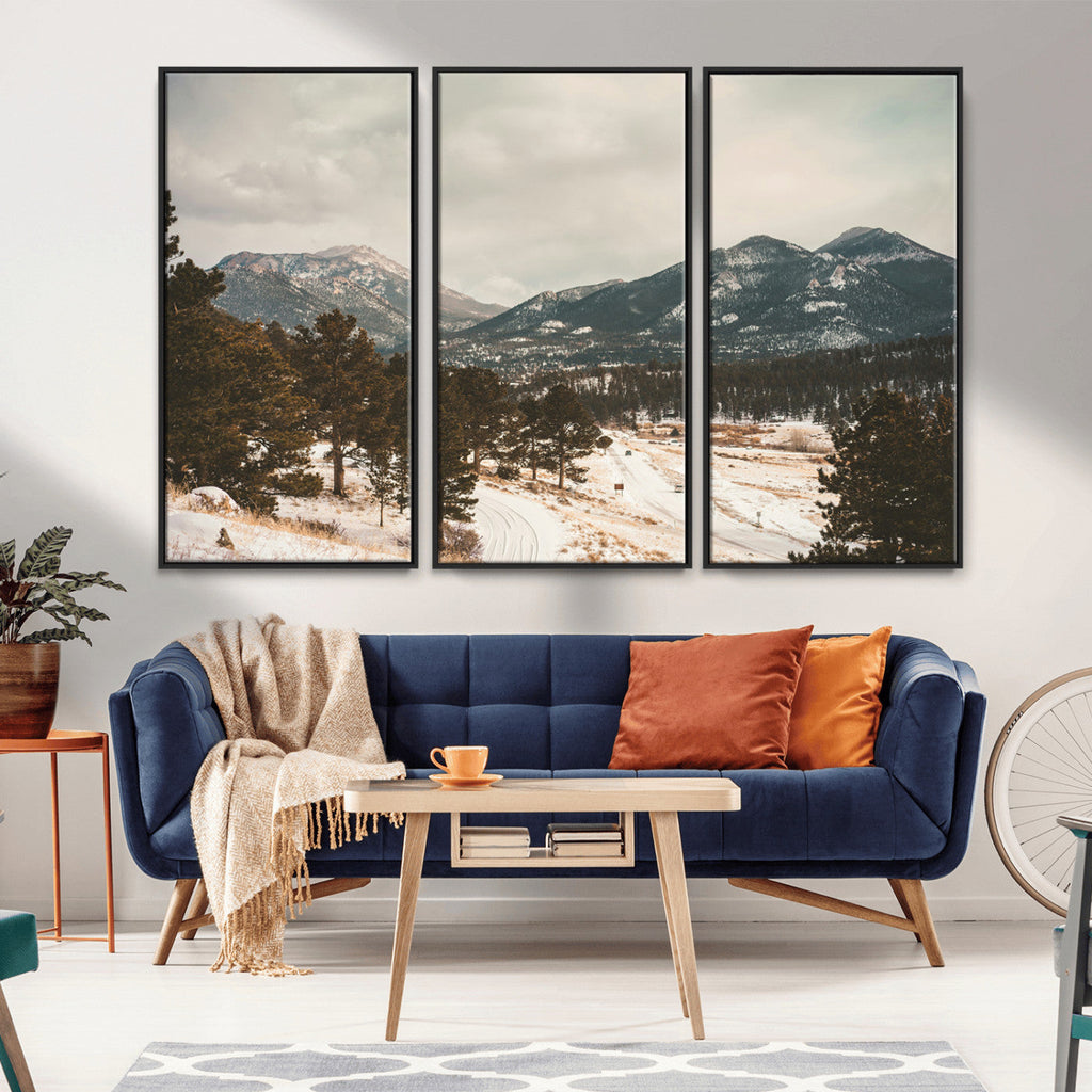 Mountain Landscape Wall Art Canvas Print, Framed Snowy Peaks Alpine Winter
