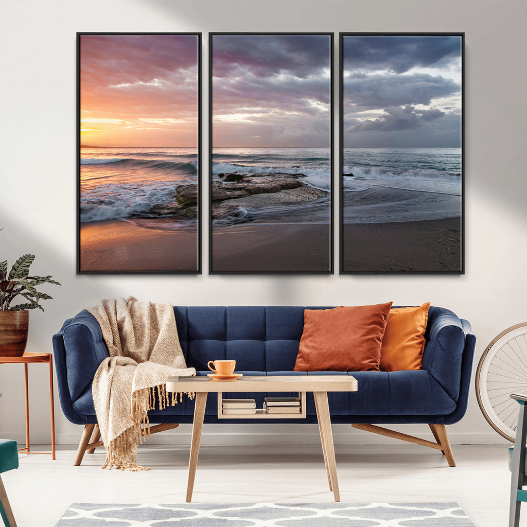Golden Hour Wall Art Canvas Print, Framed Tranquil Waves Beach Sunset