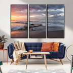 Golden Hour Wall Art Canvas Print, Framed Tranquil Waves Beach Sunset
